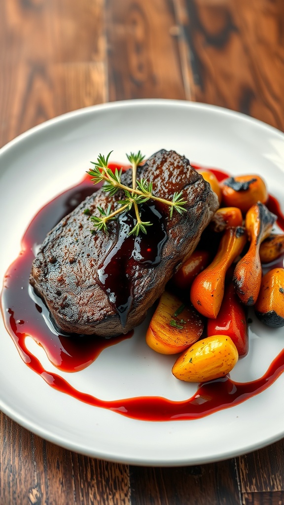 Artistic presentation of a plated steak with vegetables and sauce, garnished with herbs.